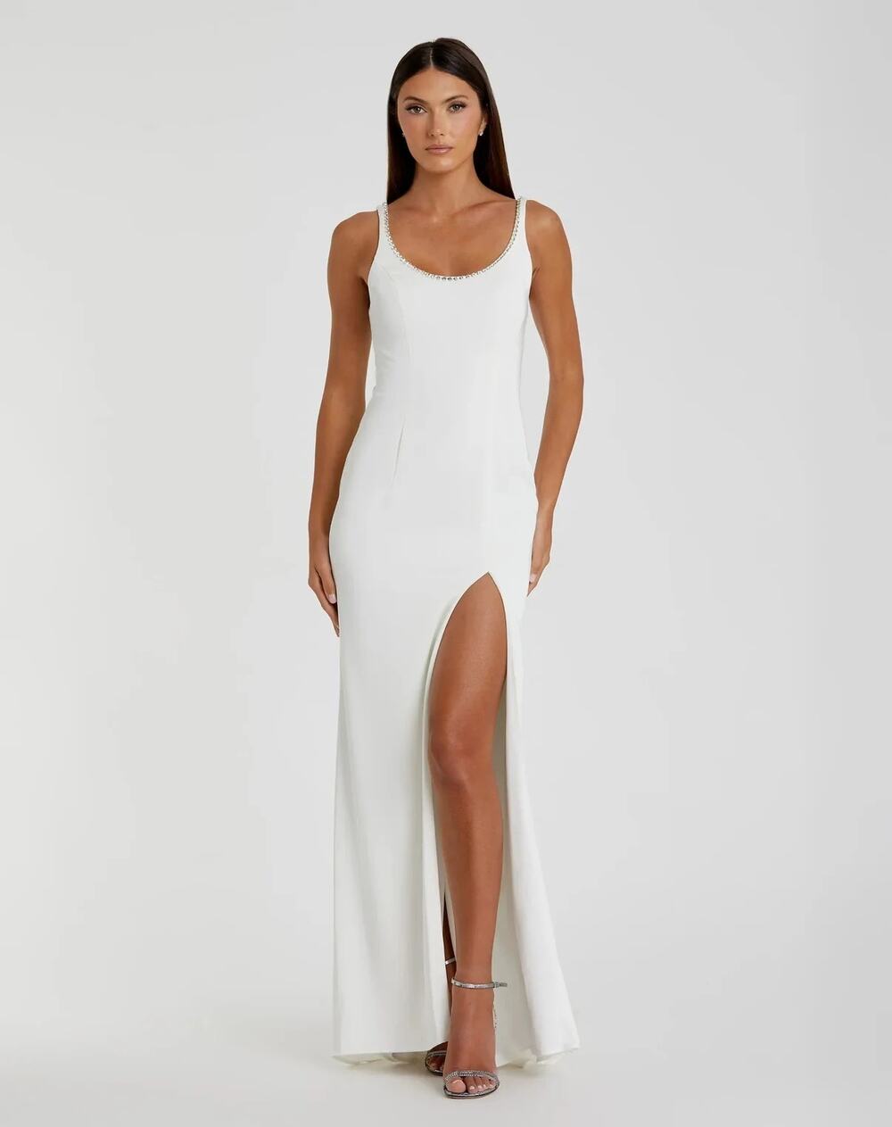 IEENA for Mac Duggal 26583 Dress Crystal Scoop Neck Column Gown White NWT 2